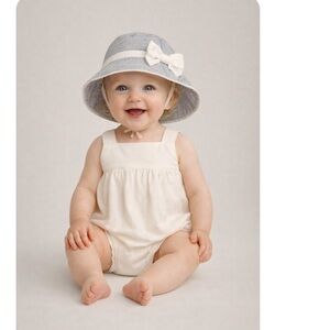 Janie and Jack Infant Girl Navy/White Striped Sun Hat w/ White Bow — 6–12 Months